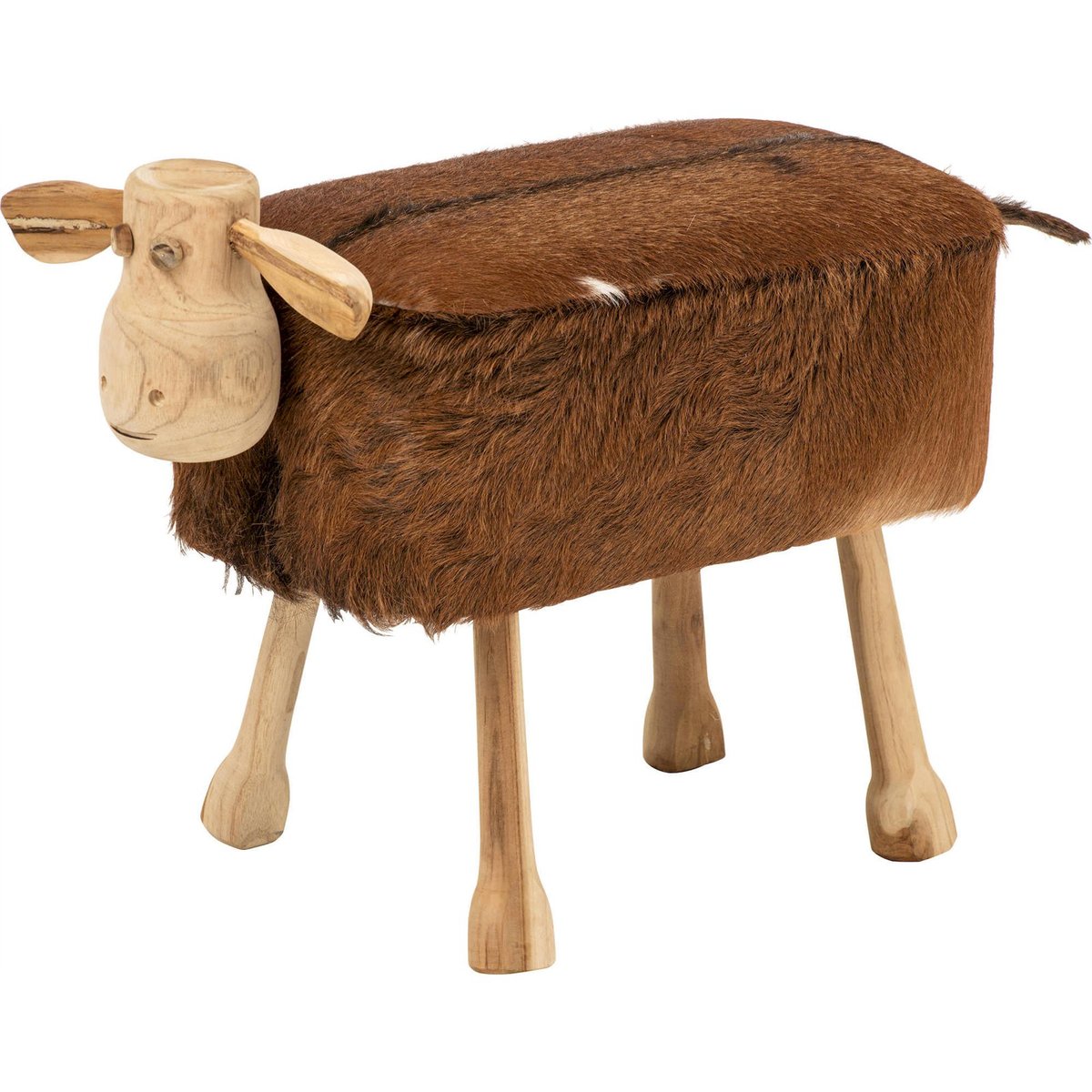 Tabouret mouton en bois et cuir marron naturel, RECOLLECTION