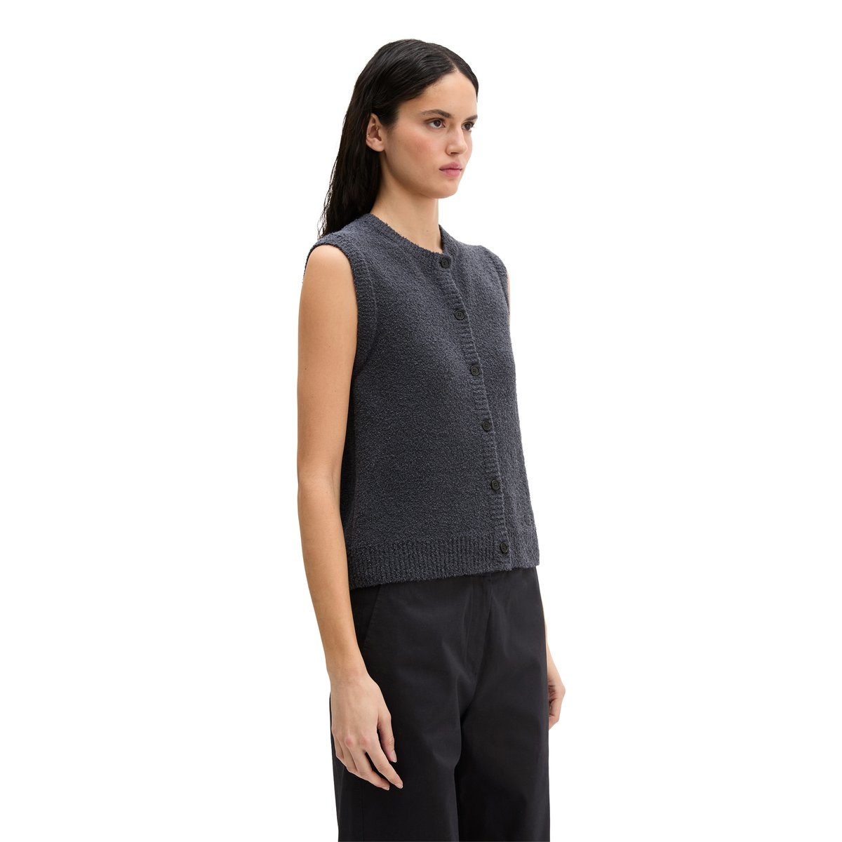 Gilet tricoté sans manches regular en fil bouclé gris fonce, MARC O'POLO