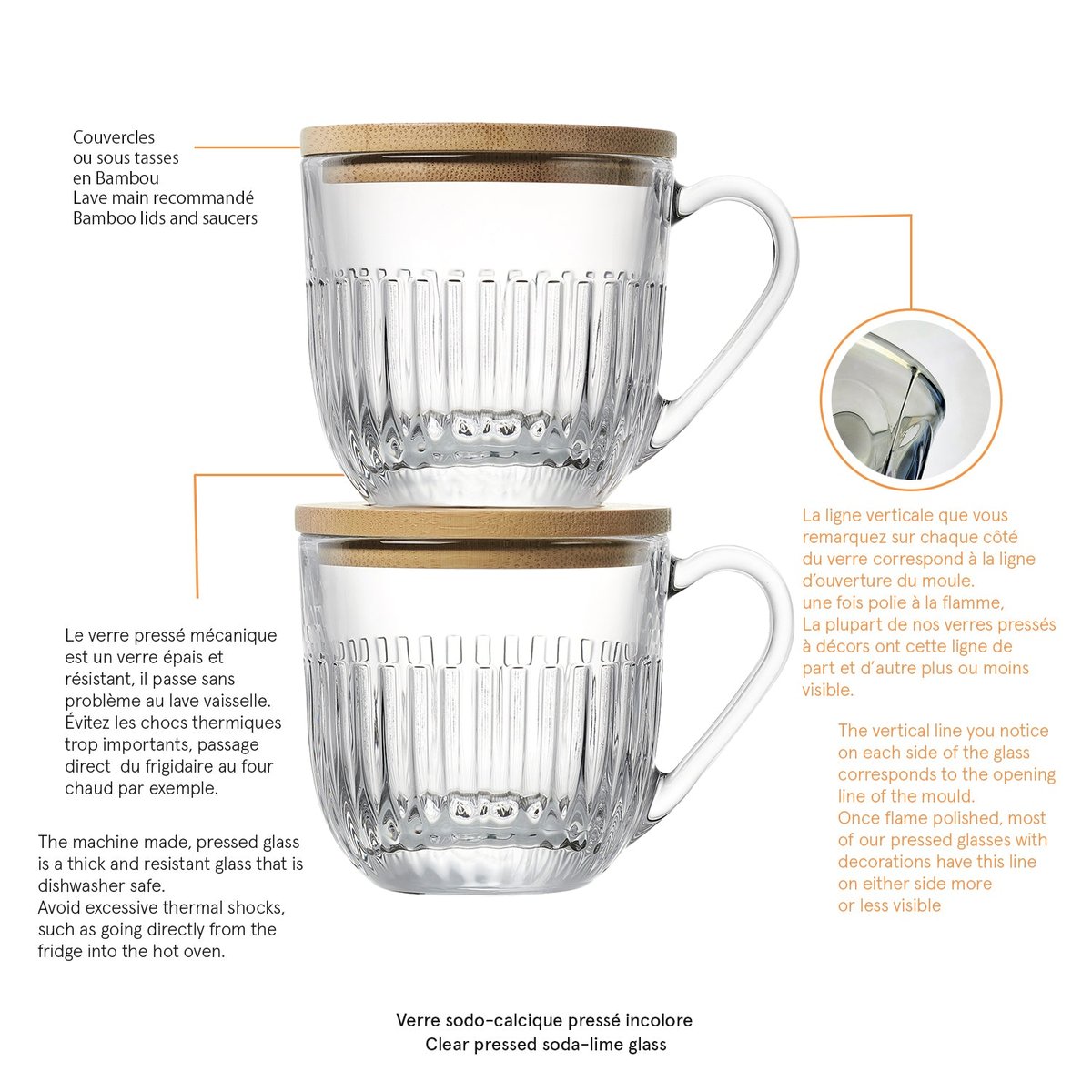 Coffret de 2 tasses avec couvercles OUESSANT /sous tasses en bambou - Made in France transparent, LA ROCHERE