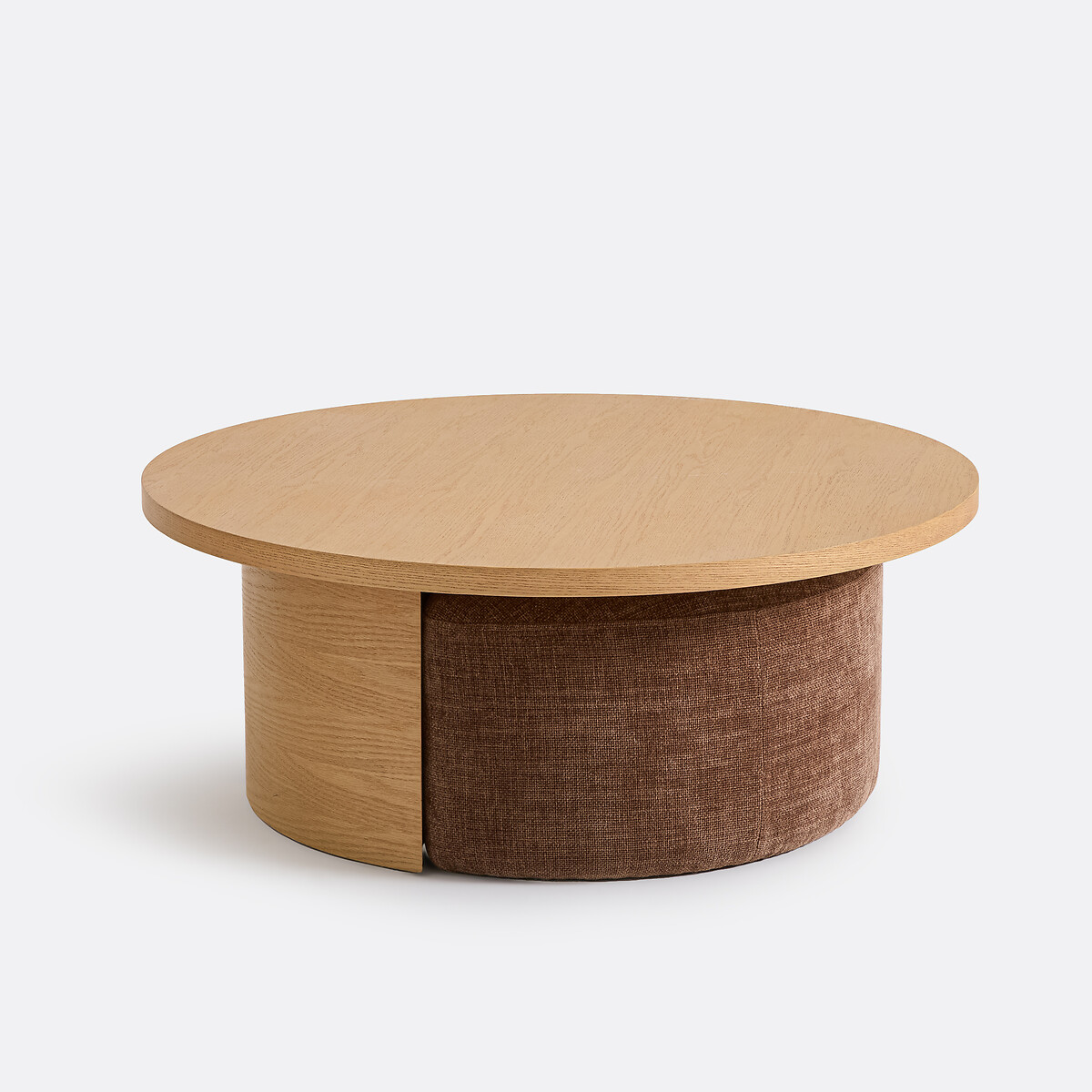 Table basse ronde en placage chêne, et ses 2 poufs, JEN coloris chêne, LA REDOUTE INTERIEURS