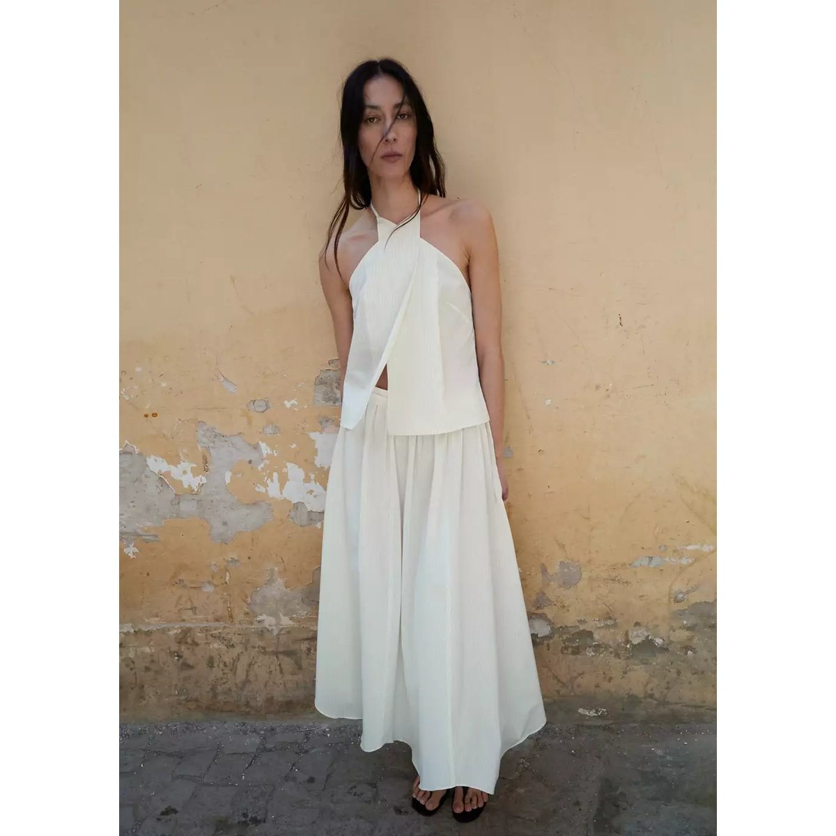 Top rayures col halter écru, MANGO