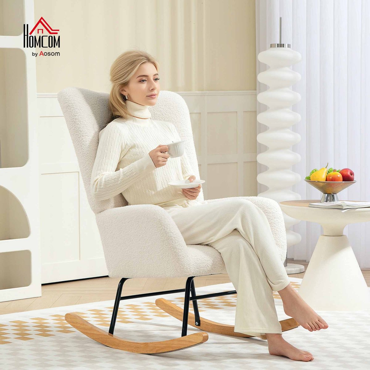 Fauteuil à bascule Laine bouclée Crème crème, HOMCOM