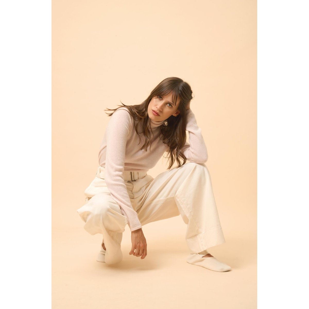 Pull Col Roulé Poudre Ava rose clair, JUST CASHMERE