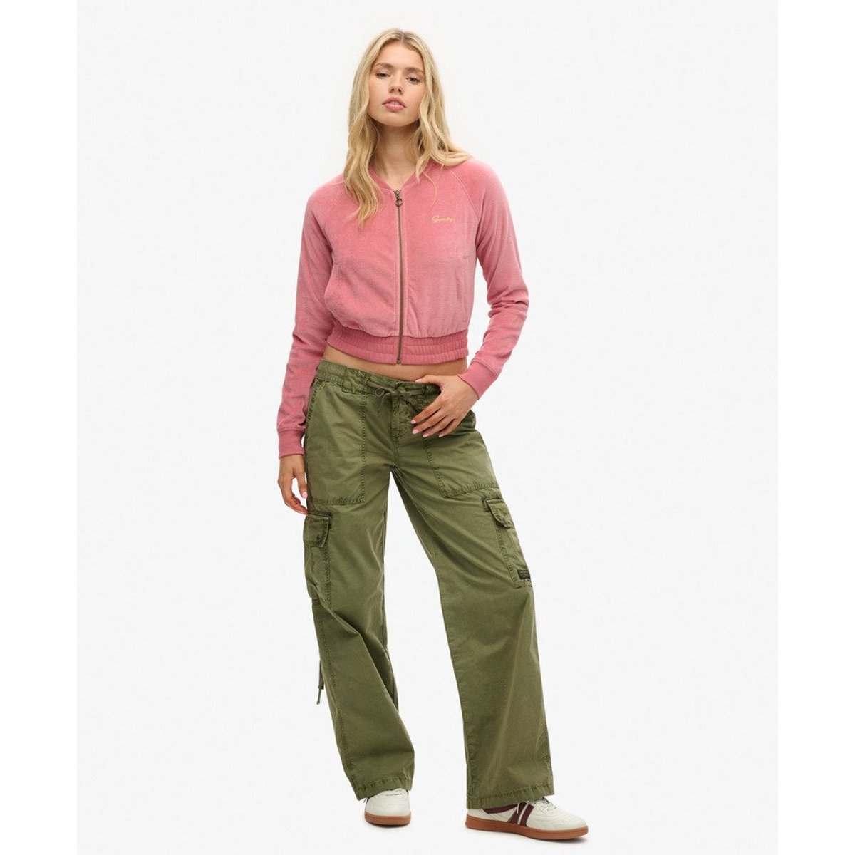 Haut de baseball zippé en velours brodé rose poudré manille, SUPERDRY