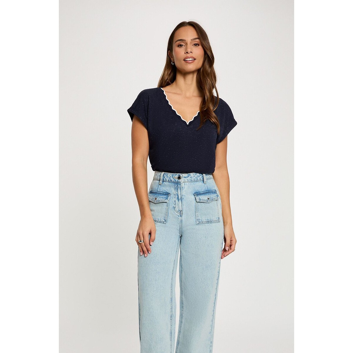 Tee shirt col v manches courtes bleu marine, MORGAN