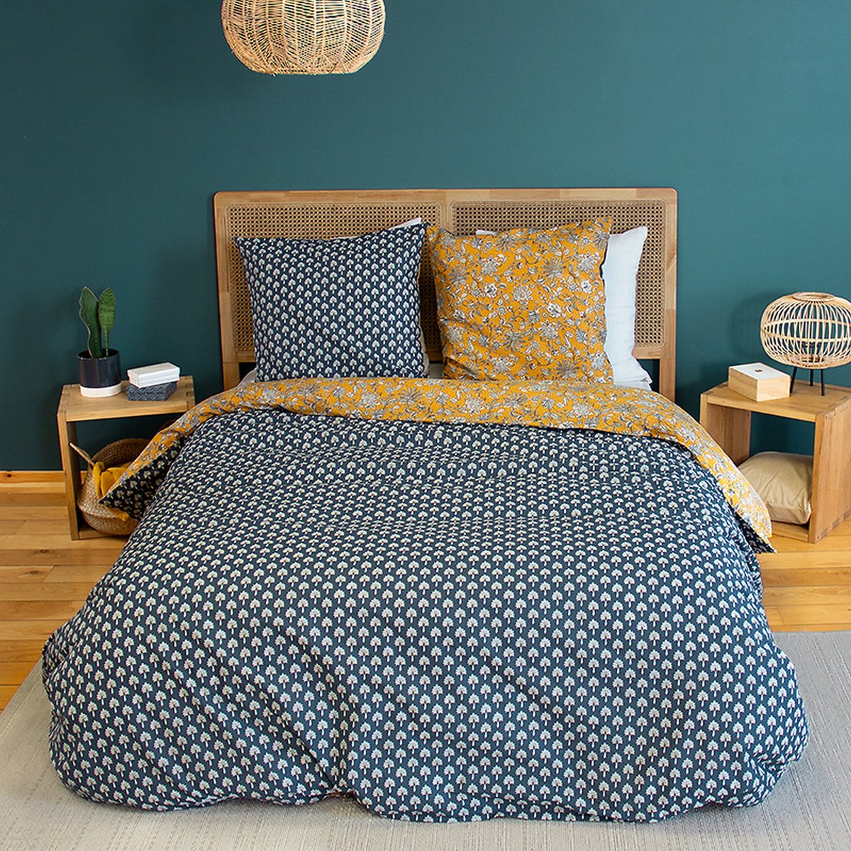 Parure de lit - housse de couette avec taies en coton jaune, EDEN