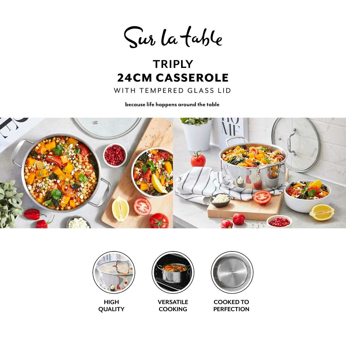 24cm SLT Core Tri-ply Casserole with Lid silver-coloured, SUR LA TABLE