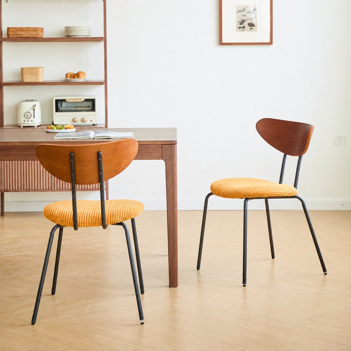 Lot de 2 chaises de salle à manger en bois, métal et tissu, NIBE jaune moutarde, NORDLYS