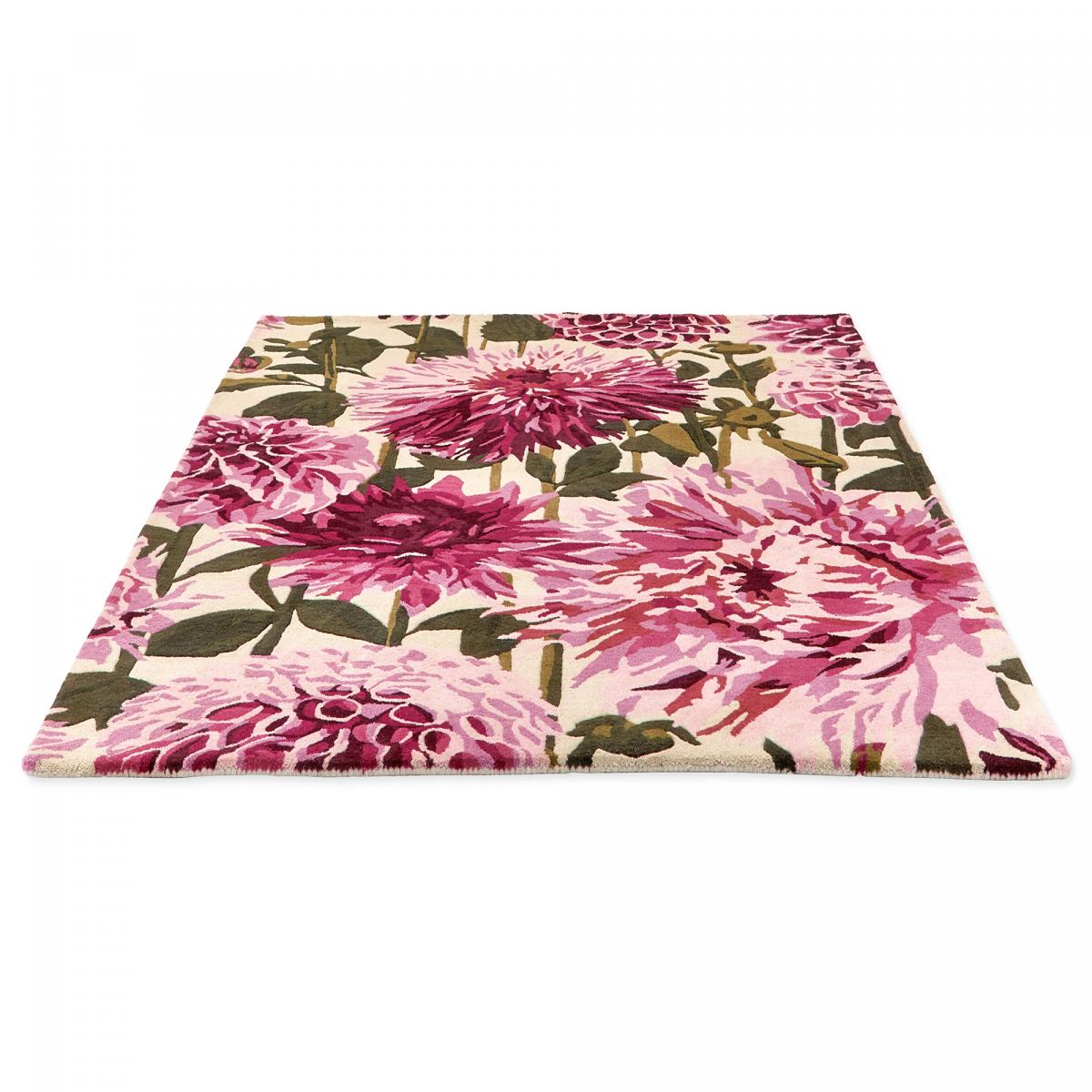 Tapis salon et chambre fait à la main en laine motif floral DAHLIA rose, vert, UN AMOUR DE TAPIS