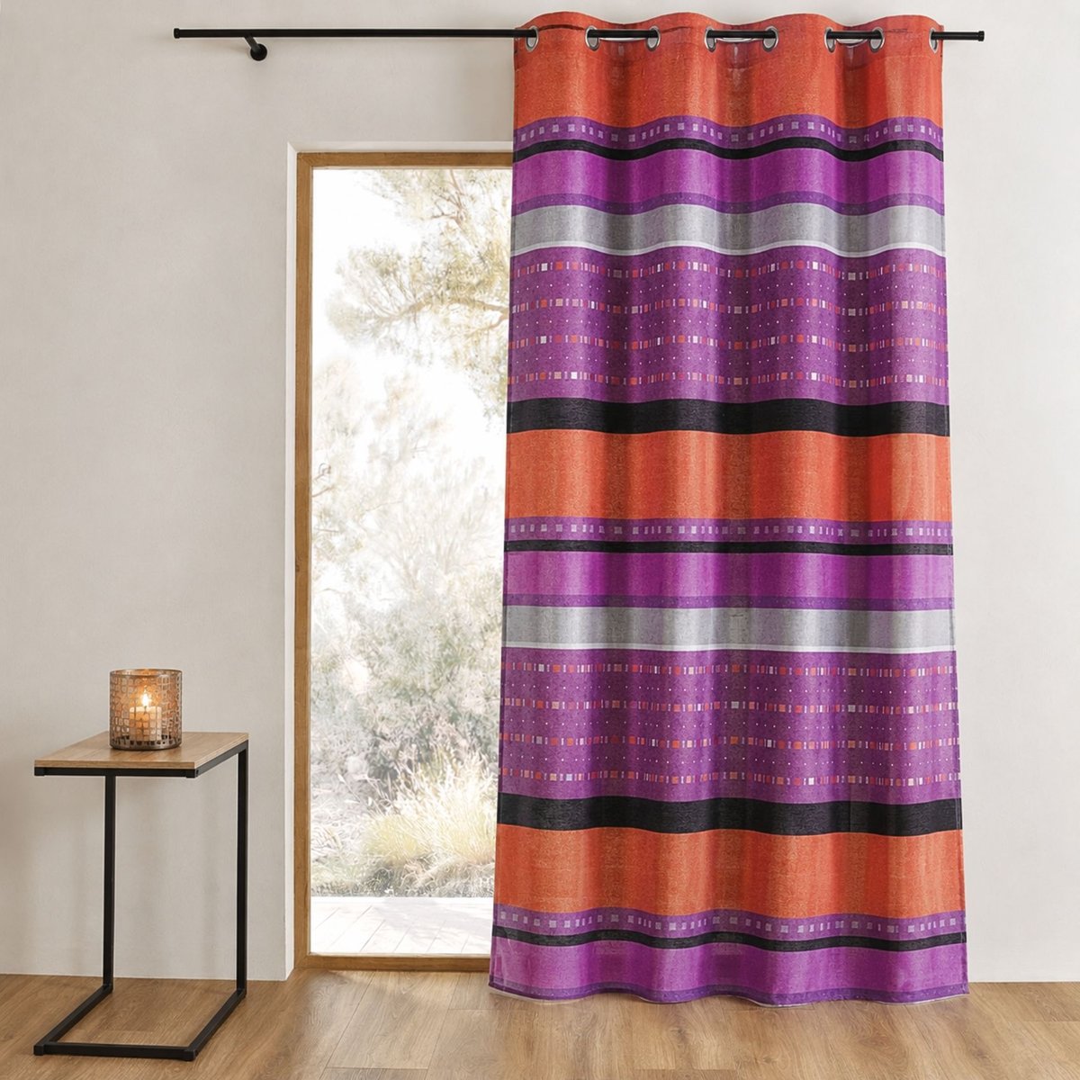 Rideau occultant jacquard à rayures horizontales graphiques prune, HOME MAISON