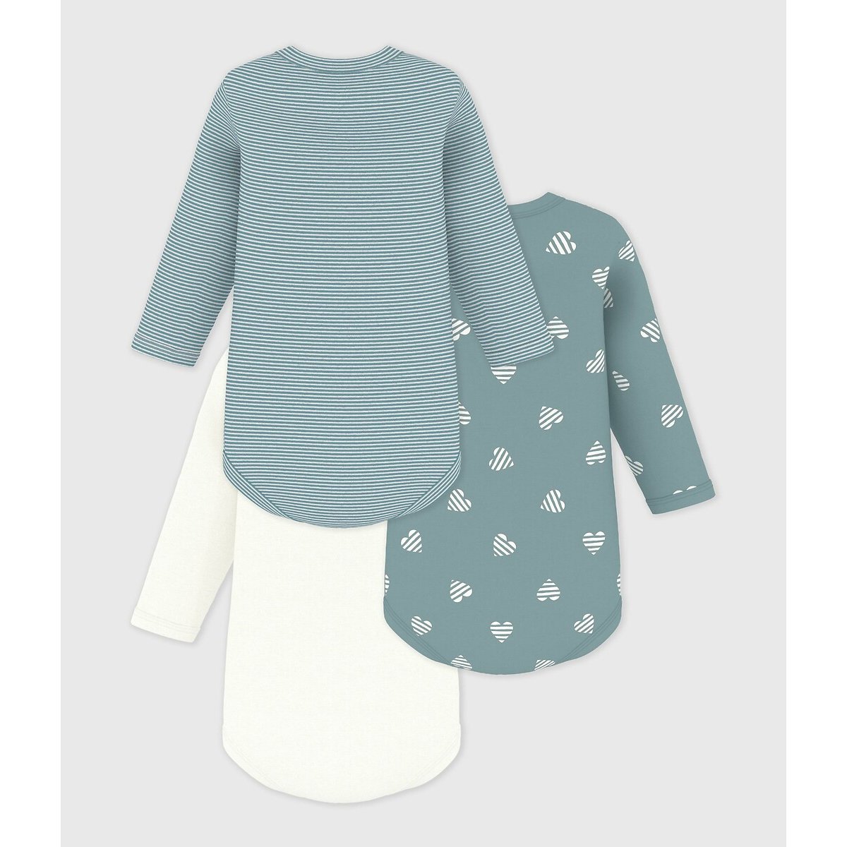 3er-Set Langarm-Bodys, Herzchen-Print weiss + grün, PETIT BATEAU