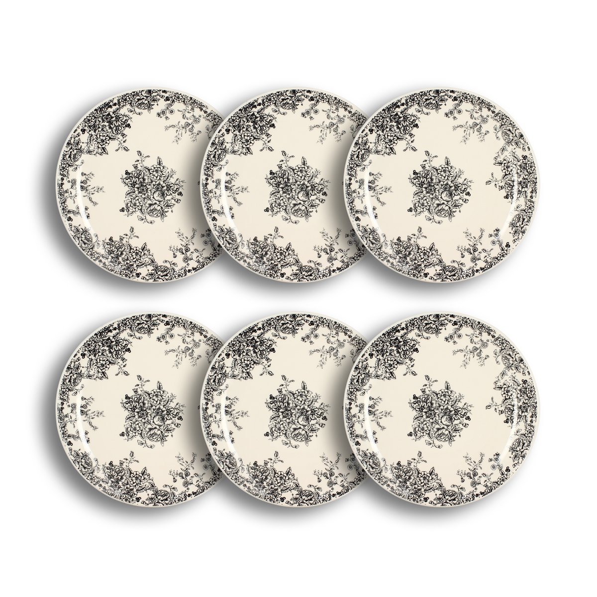 Lot de 6 assiettes plates en grès 26cm, FLORALI noir, NOVASTYL