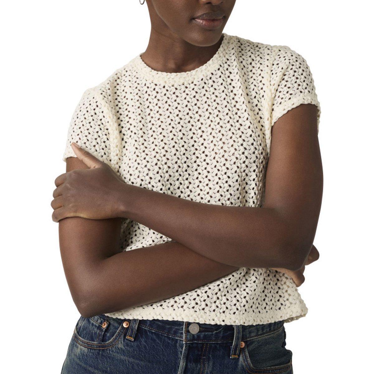 Top écru uni coupe droite avec effet maille ajourée sur le pourtour beige, LEVI'S