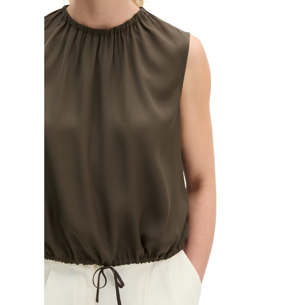 Blouse sans manches avec cordon de serrage relaxed en LENZING™ ECOVERO™ marron foncé, MARC O'POLO