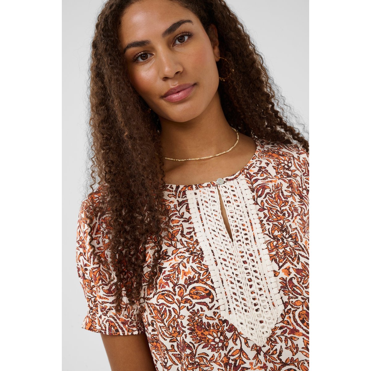 Blouse à manches courtes orange saraza flower, CREAM