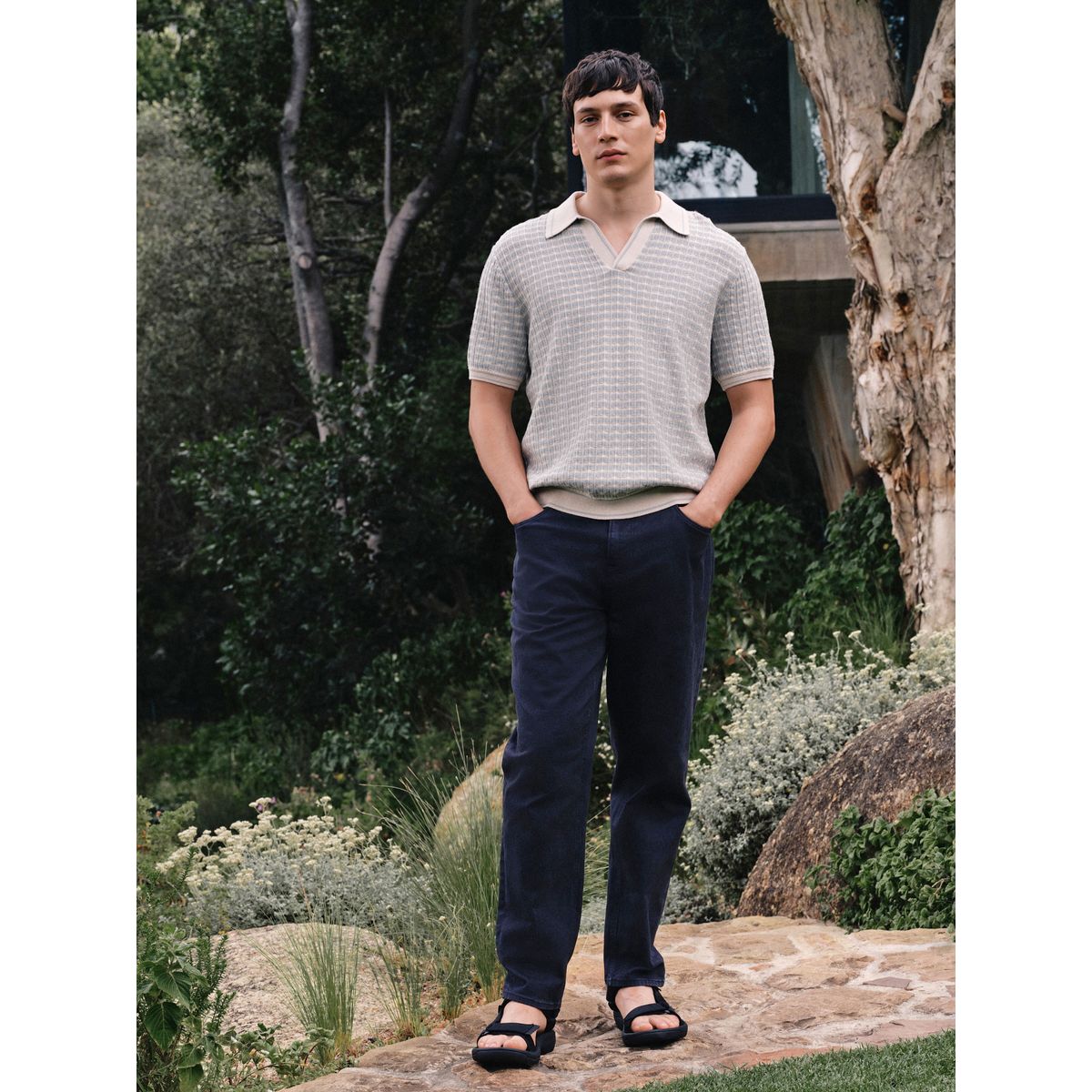 Polo en maille texturée à motif bleu/écru, NEXT