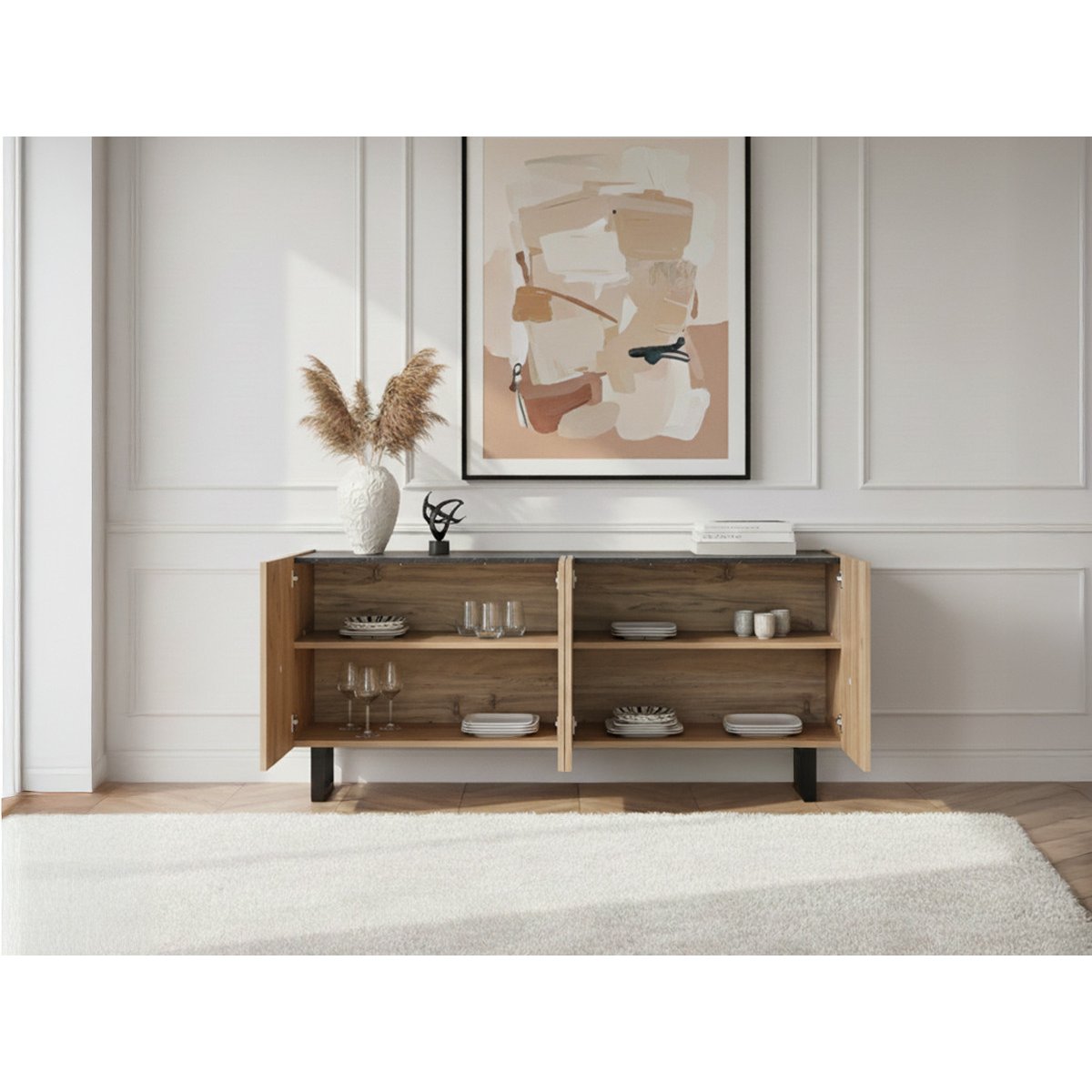 Buffet bas en panneaux de particules 4 portes 180 cm, OPERA marron clair, BOBOCHIC