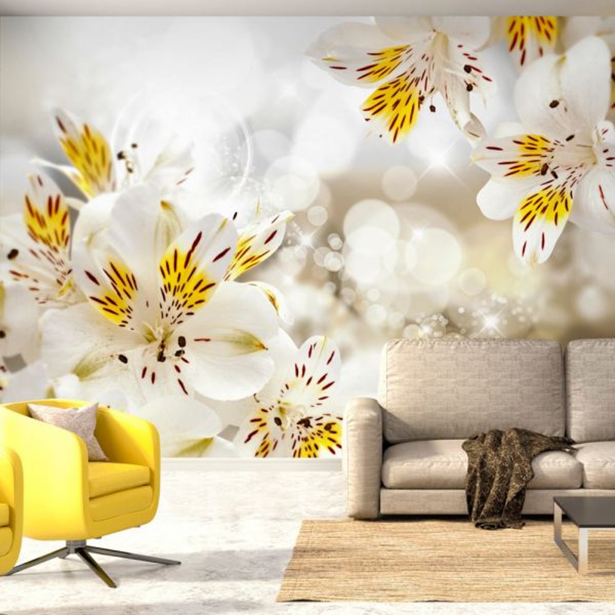 Papier peint intissé panoramique Fleurs Sunny Alstroemeria blanc, EDEN