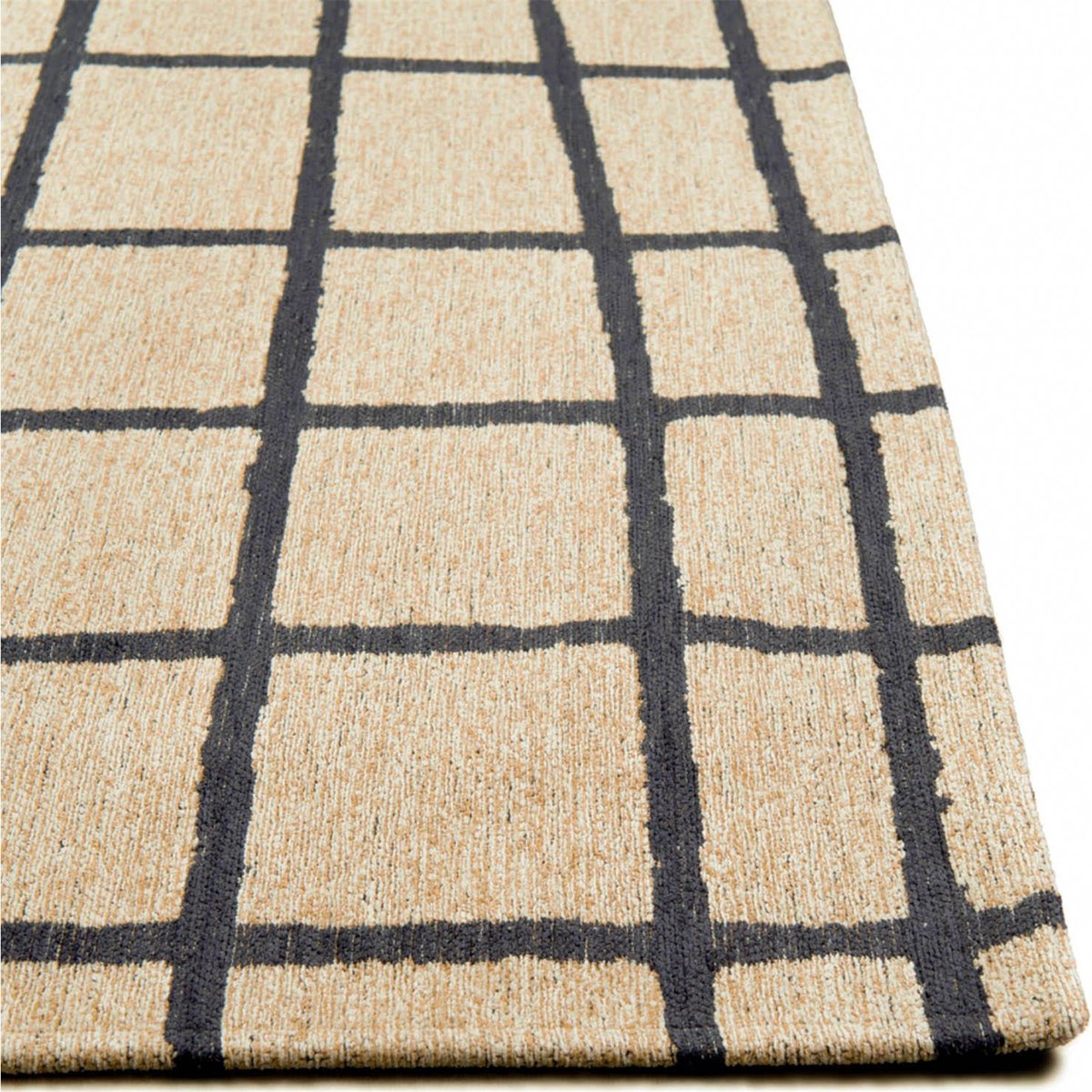 Tapis intérieur extérieur jacquard, CARO crème à quadrillage noir charbon, RECOLLECTION