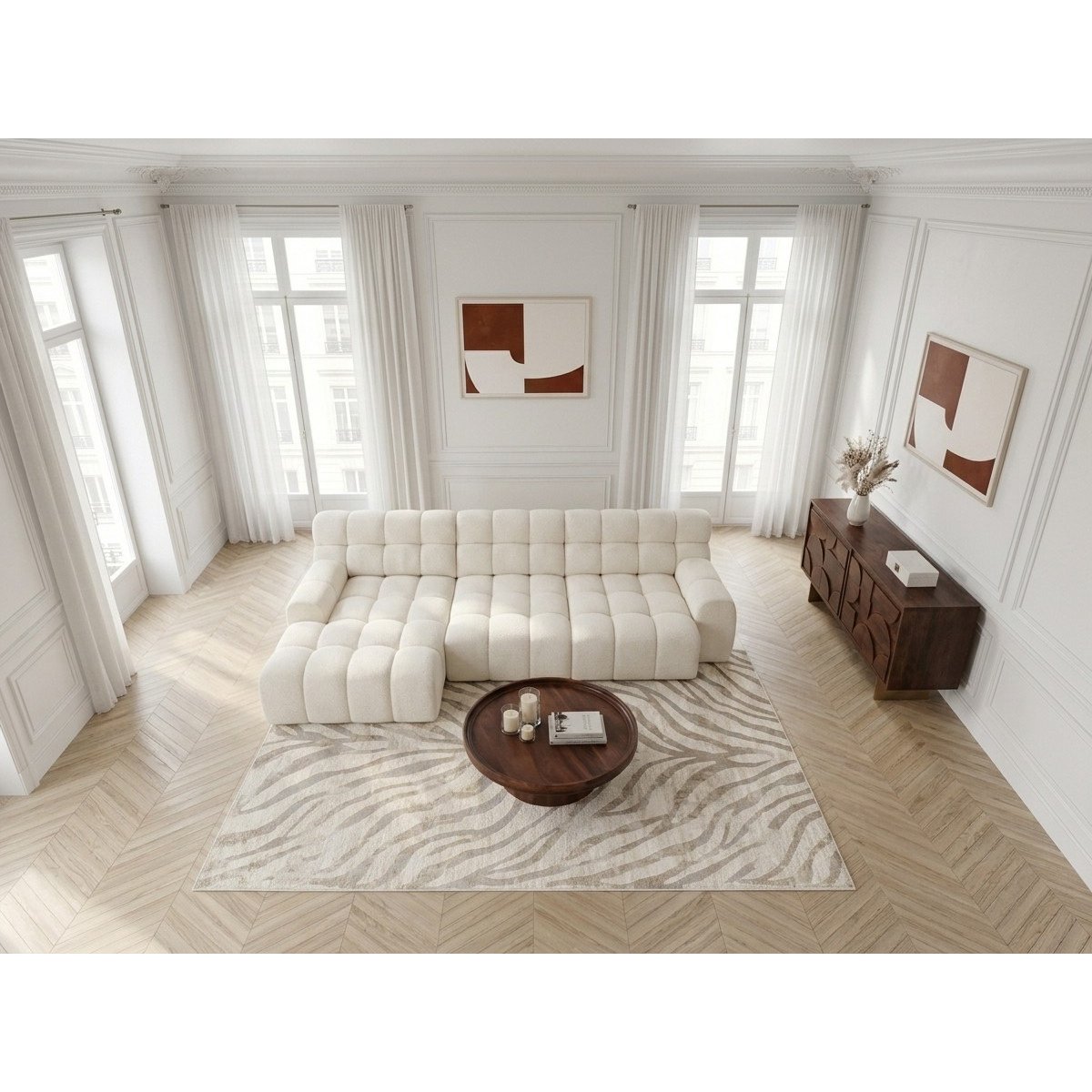 Canapé d'angle convertible 3 places en tissu texturé, ANDRE blanc, BOBOCHIC