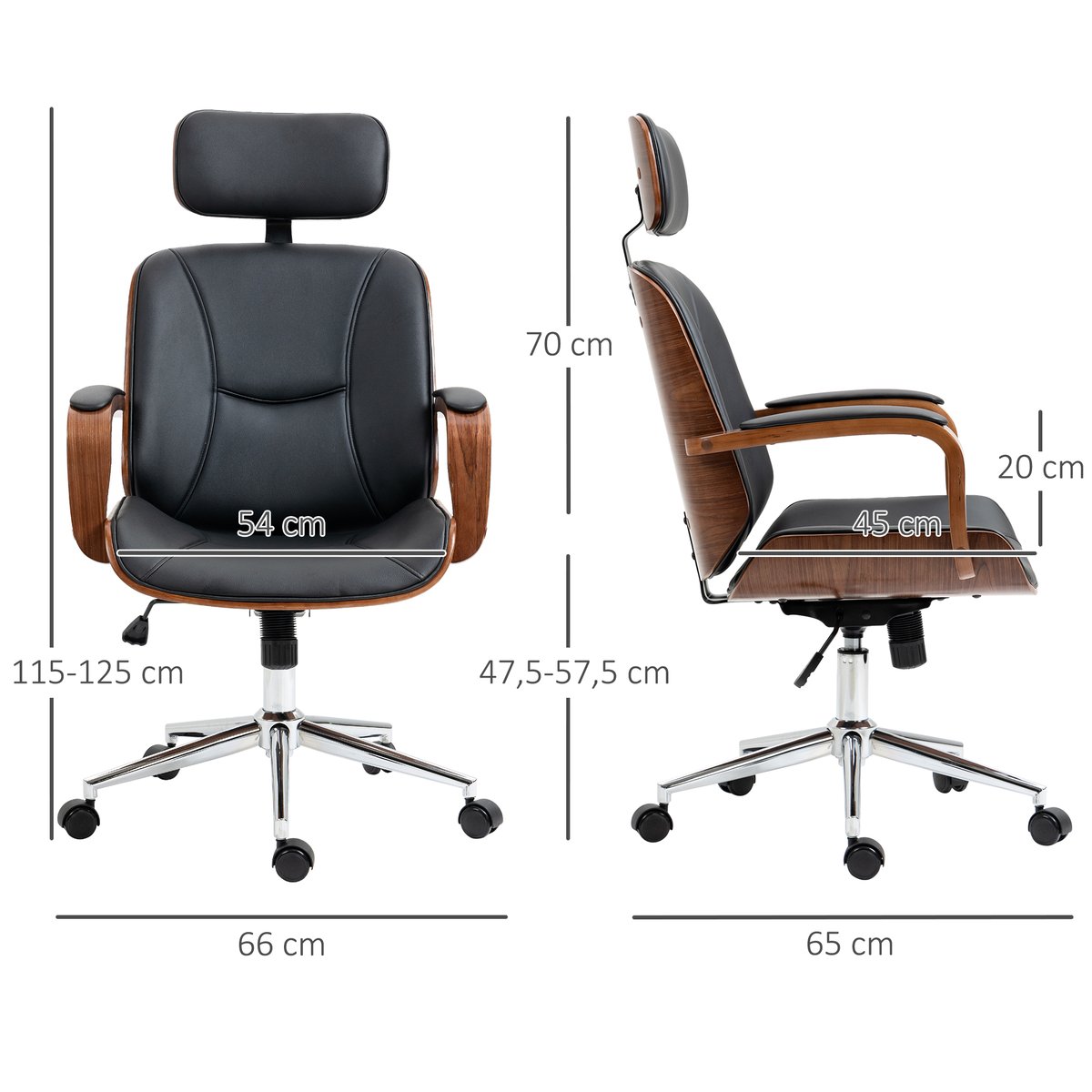 Chaise de bureau Polyuréthane Noir noir et noyer, HOMCOM