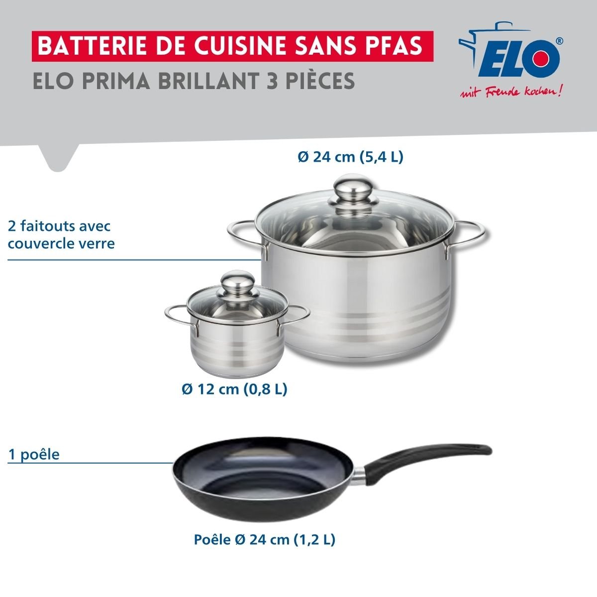 Batterie 1 poêle 24cm + 2 faitouts 12/24cm PRIMA BRILLANT noir, ELO