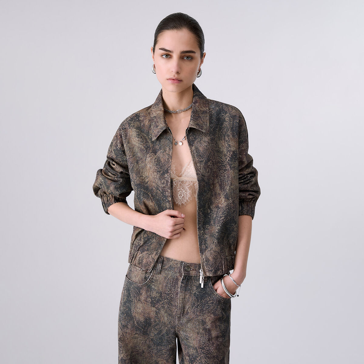 Blouson oversize avec imprimé pailleté marron, LIU JO