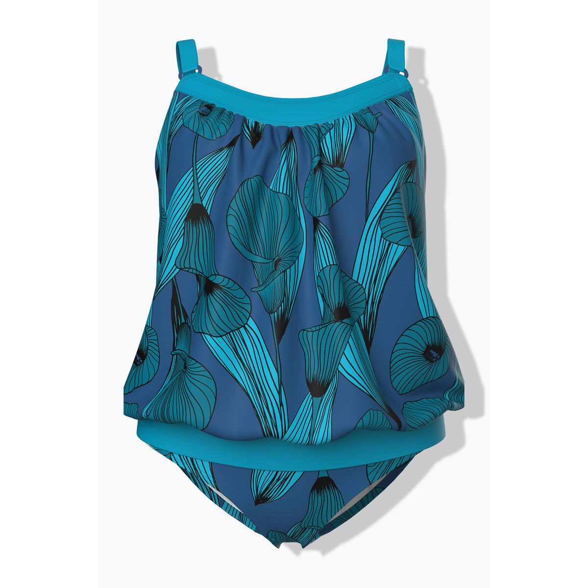 Tankini avec bonnets souples, motif arums bleu turquoise, ULLA POPKEN