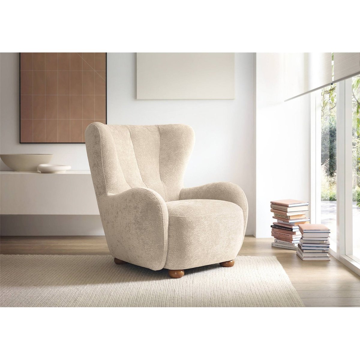 Fauteuil cabriolet enveloppant en bouclette beige chenille, RECOLLECTION
