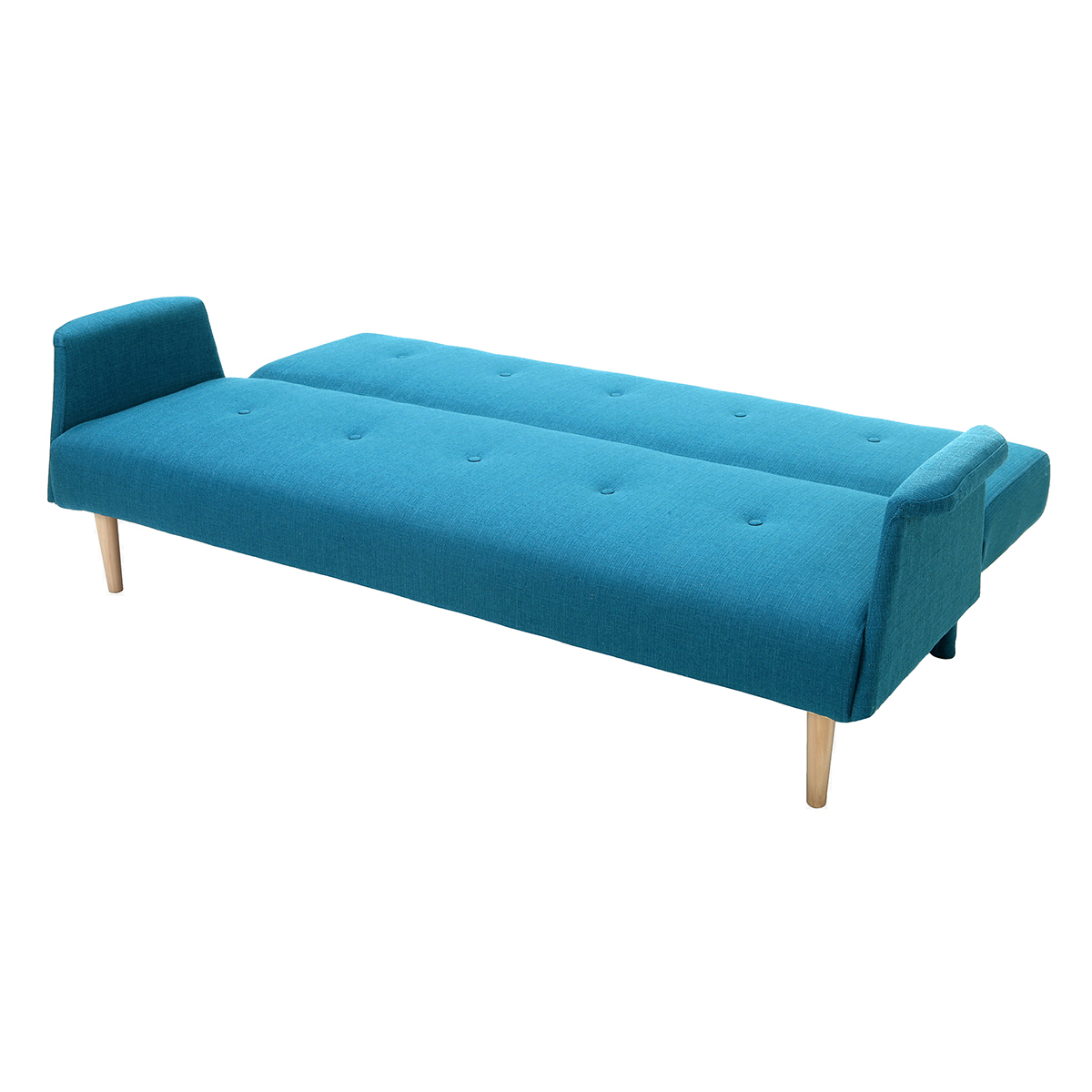 Canapé convertible scandinave 3 places en tissu bleu canard et bois clair OSCAR bleu canard, MILIBOO