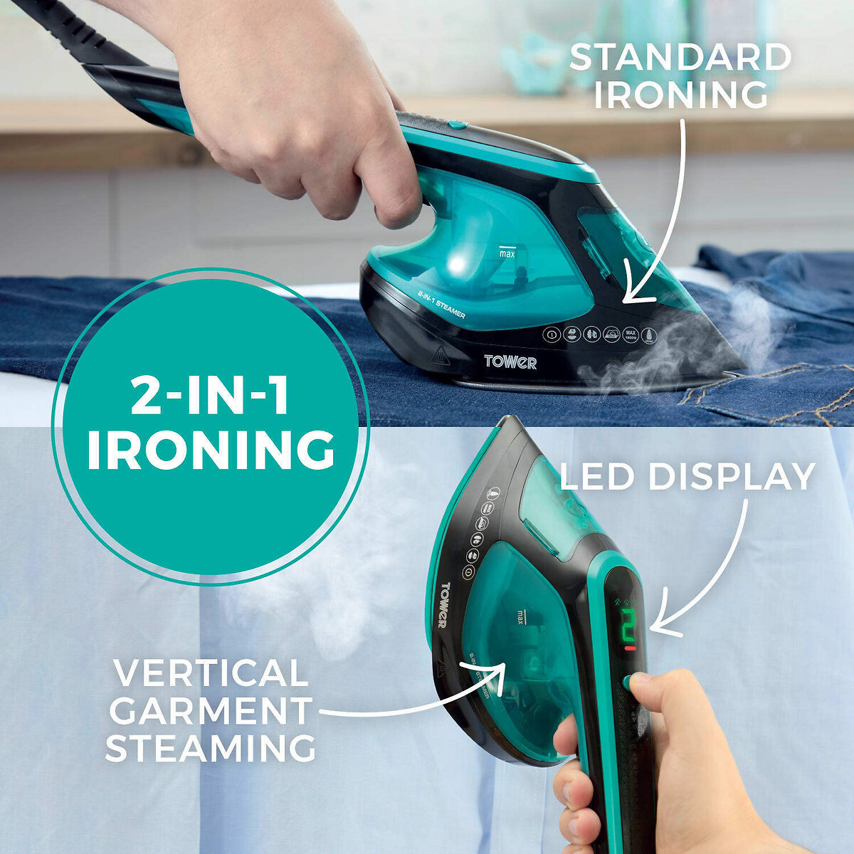 2-in-1 Garment Steamer and Iron - T22031TL blue, TOWER