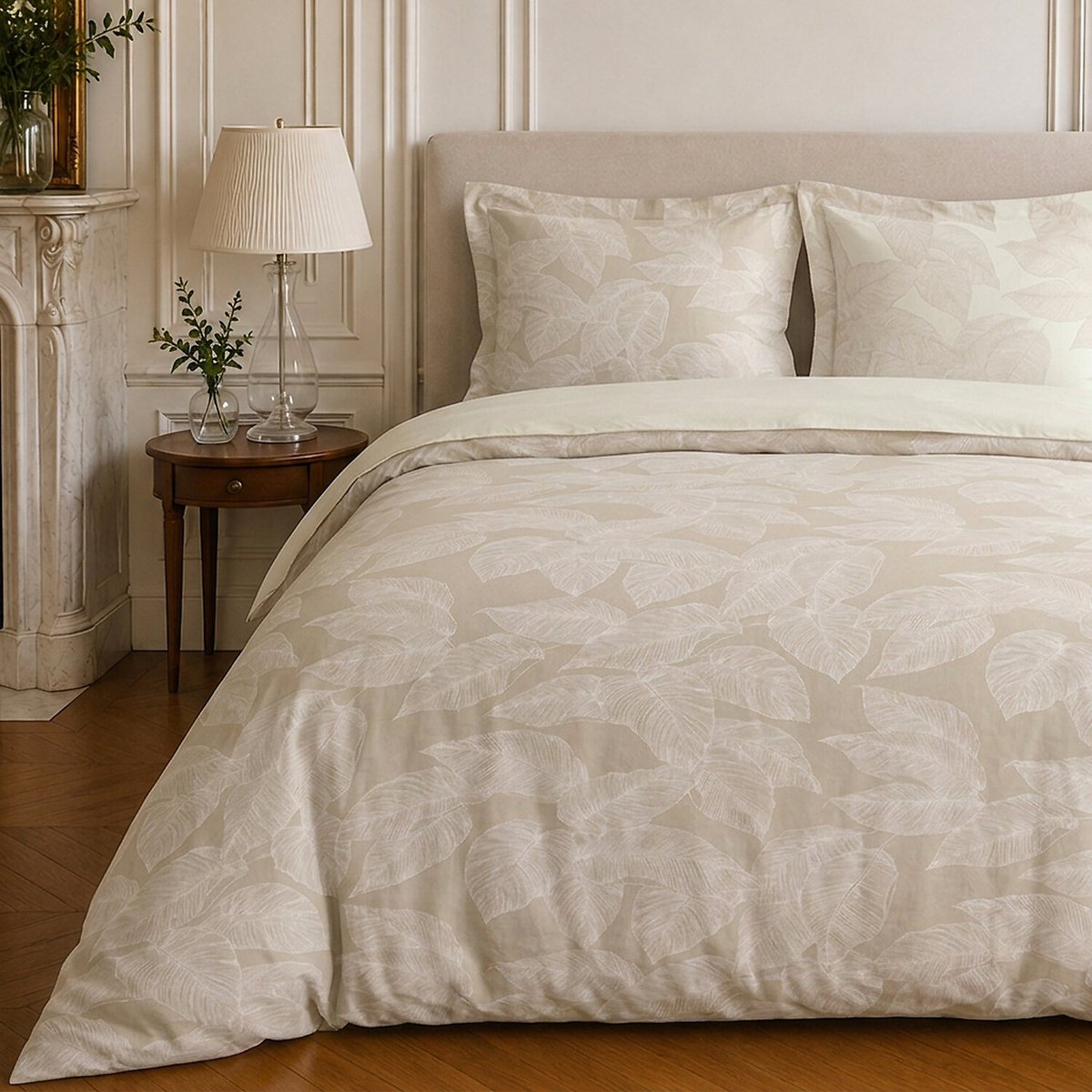 Parure de lit en coton motif tropical, FEUILLE beige, C DESIGN HOME TEXTILE
