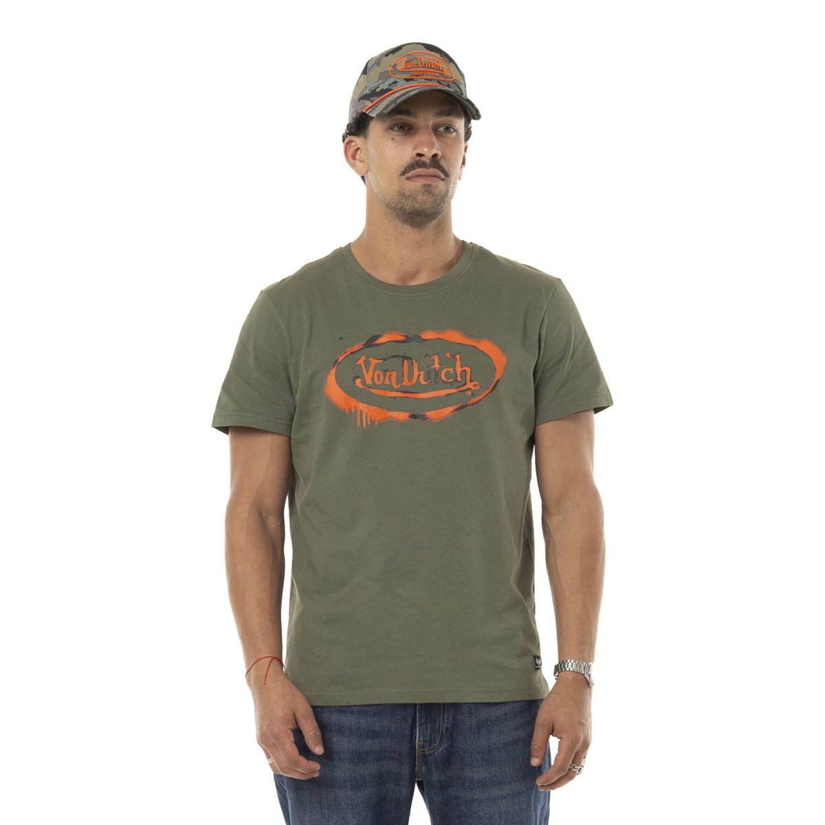 Tee Shirt coton GRAPH vert kaki/orange, VON DUTCH