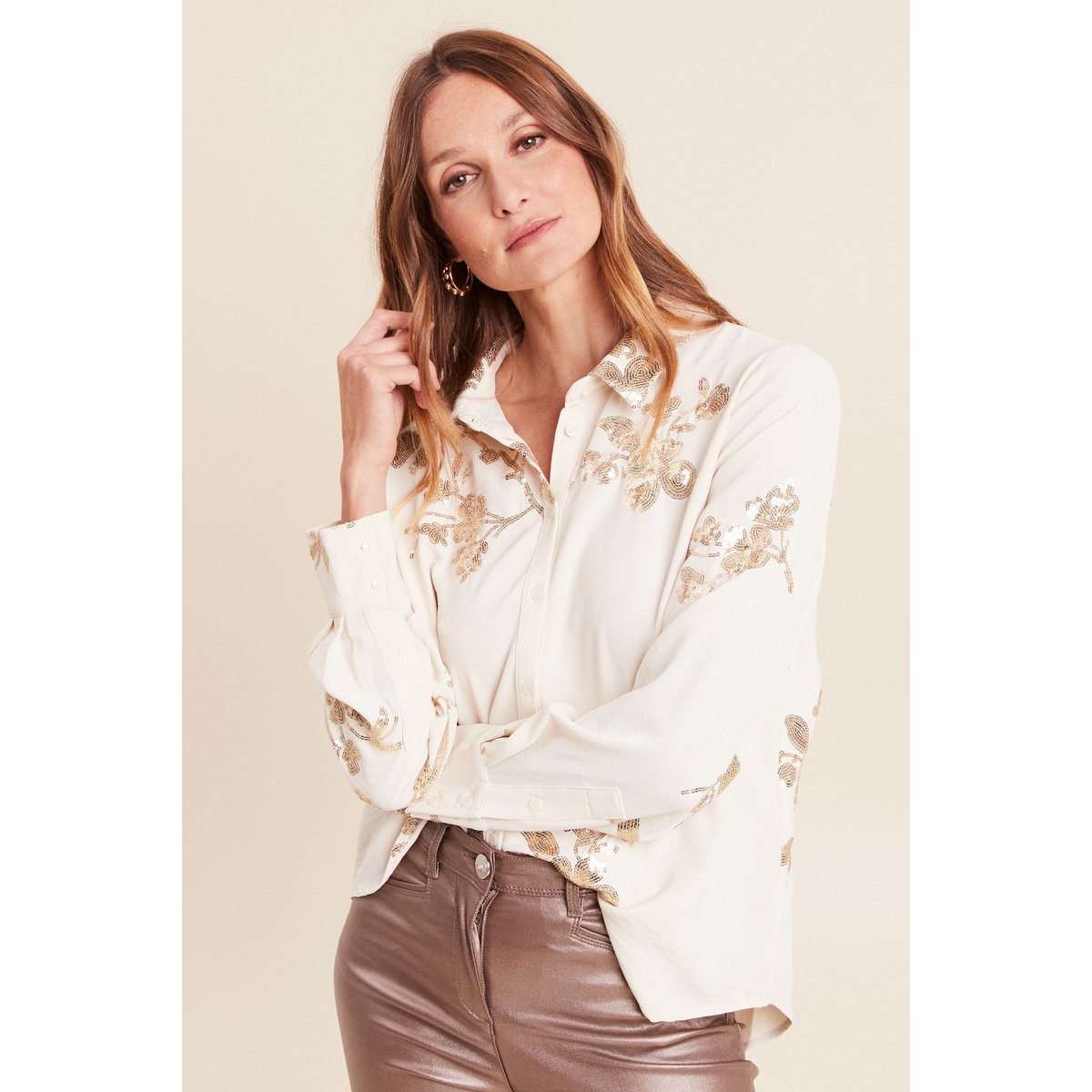 Chemise à sequins manches longues ecru, BREAL