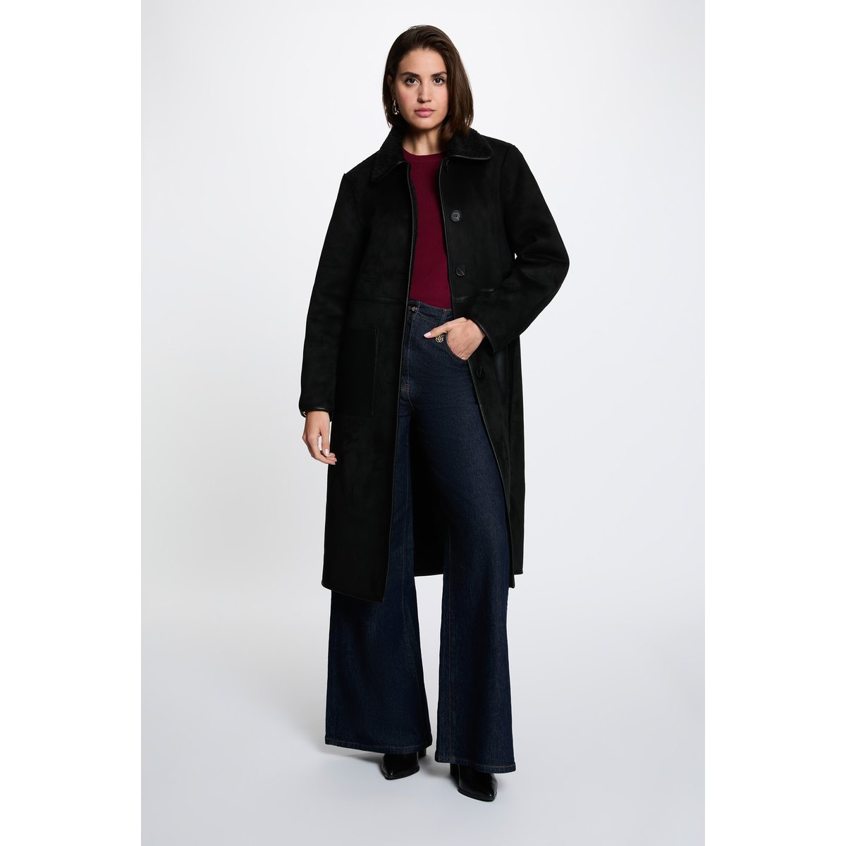 Manteau long col tailleur noir, MORGAN