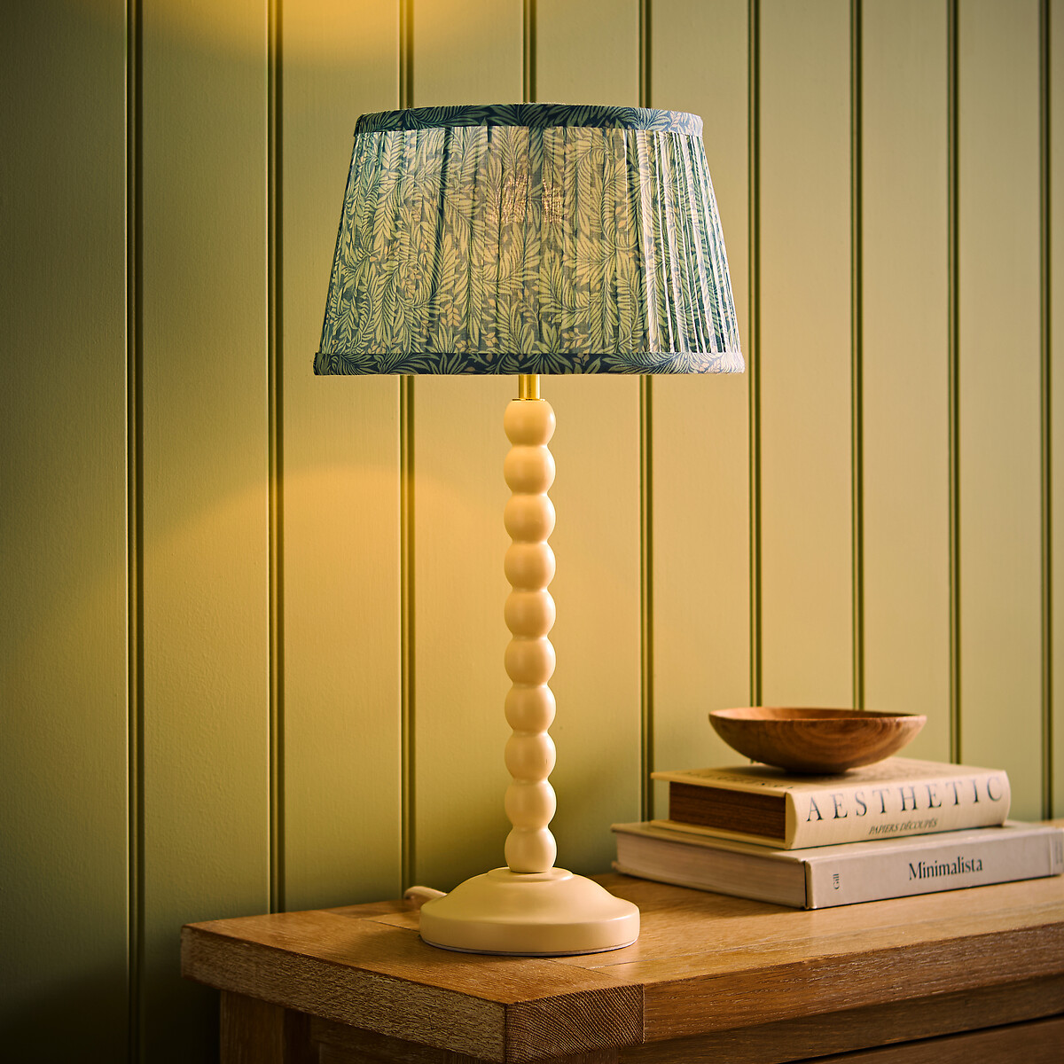 Bobbie Painted Cream Bobbin Table Lamp with Leaf Pleated Shade blue, SO'HOME