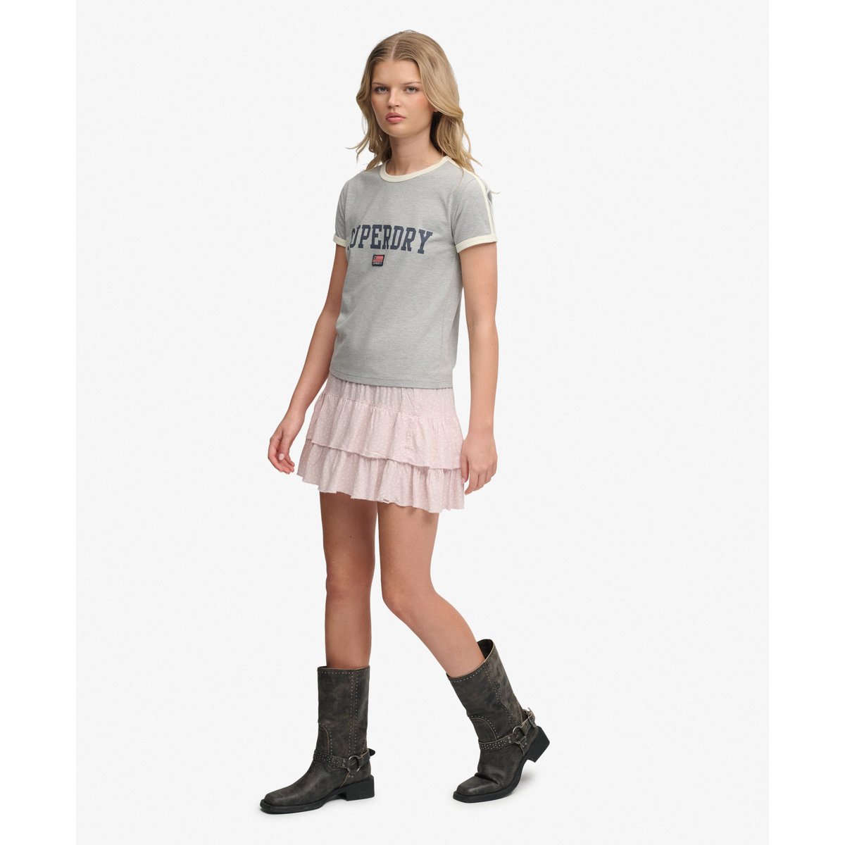 Mini-jupe à volants imprimée cœurs de marguerite rose poudré, SUPERDRY
