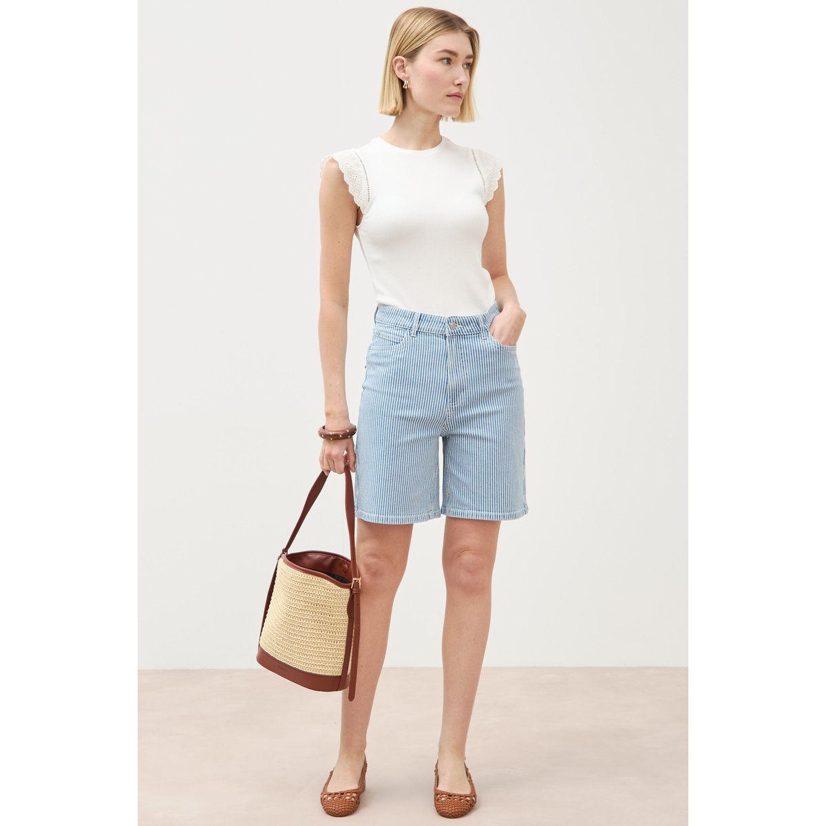 Bermuda large taille haute en jeans bleu, BONOBO