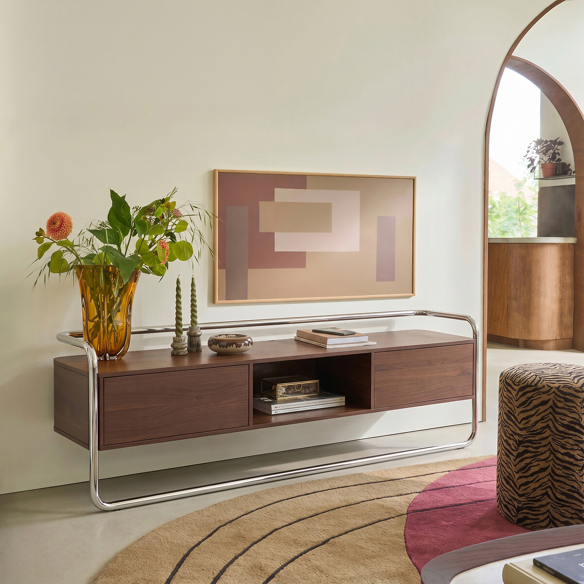 Meuble TV caisson 2 portes, largeur 176 cm, GIORGIO coloris noyer/chrome, LA REDOUTE INTERIEURS