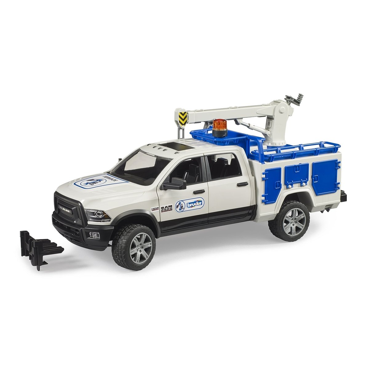 RAM 2500 Camion de service avec grue et gyrophare blanc et bleu, BRUDER