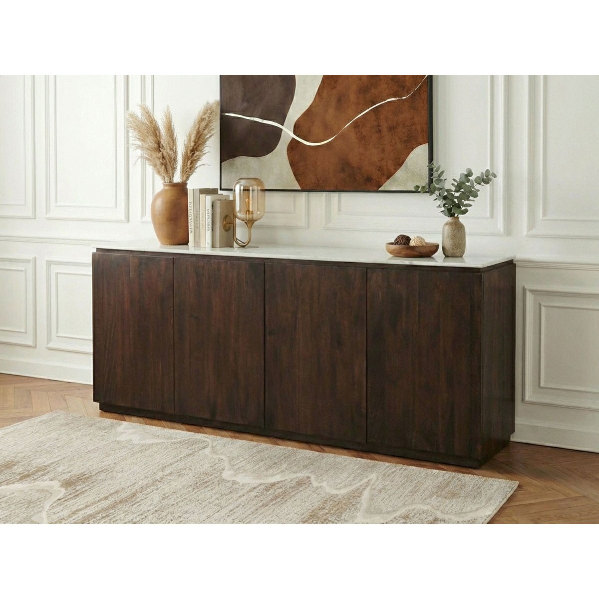 Buffet en bois massif 4 portes 200 cm, BARBARA marron foncé, BOBOCHIC