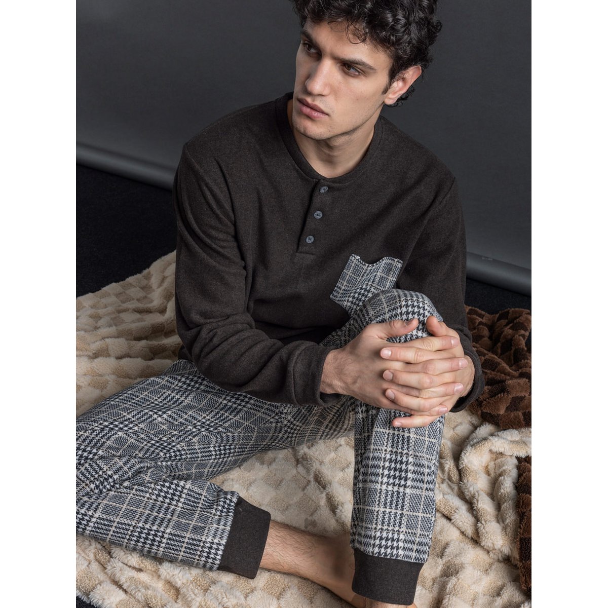 Pyjama pantalon top manches longues Americano marron, ADMAS