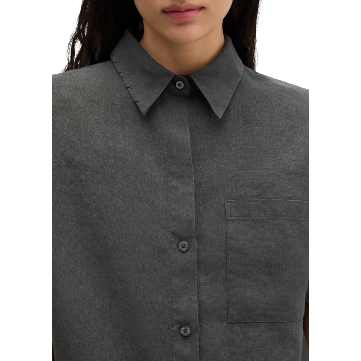 Blouse en lin à manches courtes regular avec de larges plis dans le dos dunkelgrau, MARC O'POLO
