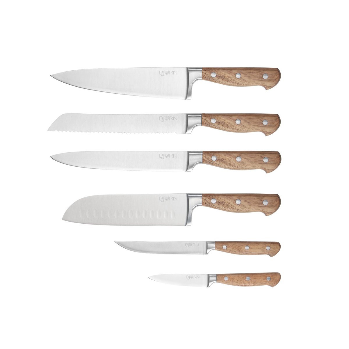 Lot de 6 couteaux de cuisine en inox, NUDE inox mat et bois, BJORN