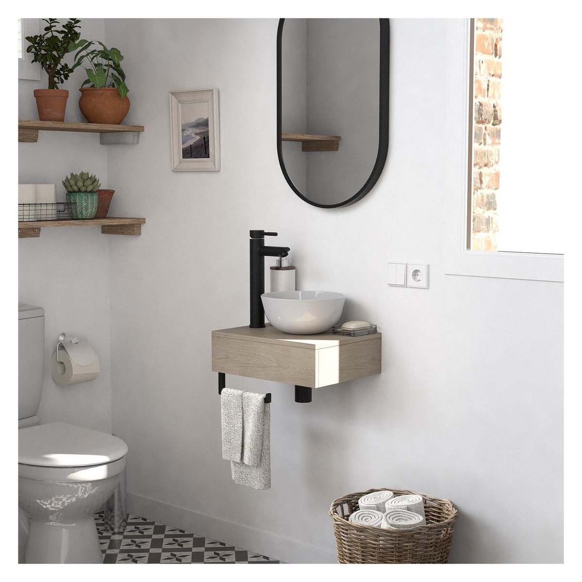 Lave-mains plan épais + vasque + miroir SOHO décor chêne, MOB IN