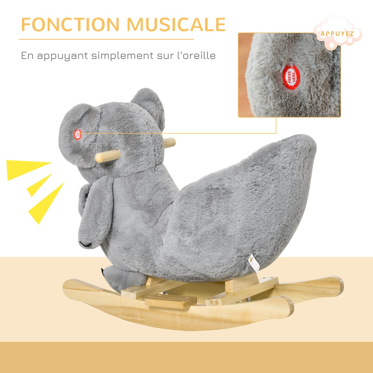 Cheval à bascule pour enfants Peluche Courte gris, HOMCOM