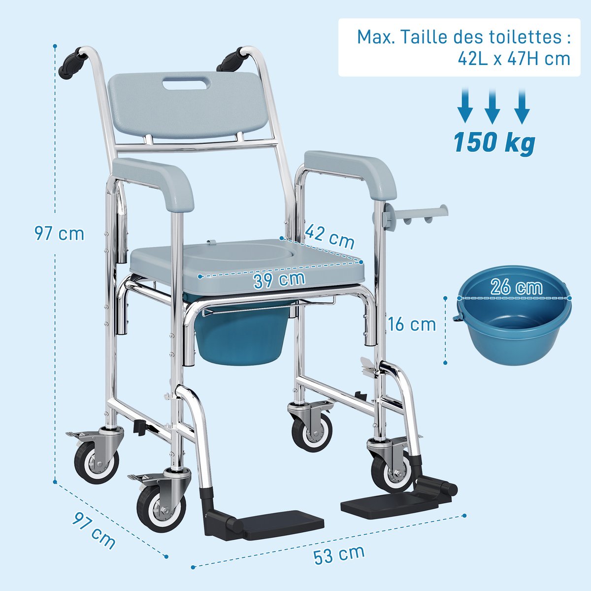 Fauteuil roulant avec cuvette Aluminium Gris gris, HOMCOM