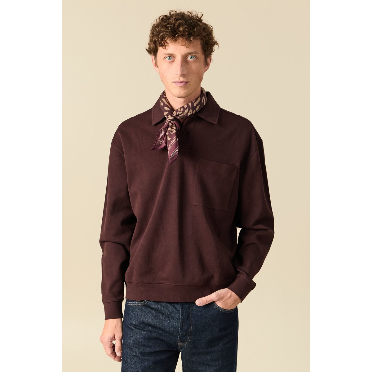 Polo ample manches longues col polo marron foncé, BONOBO