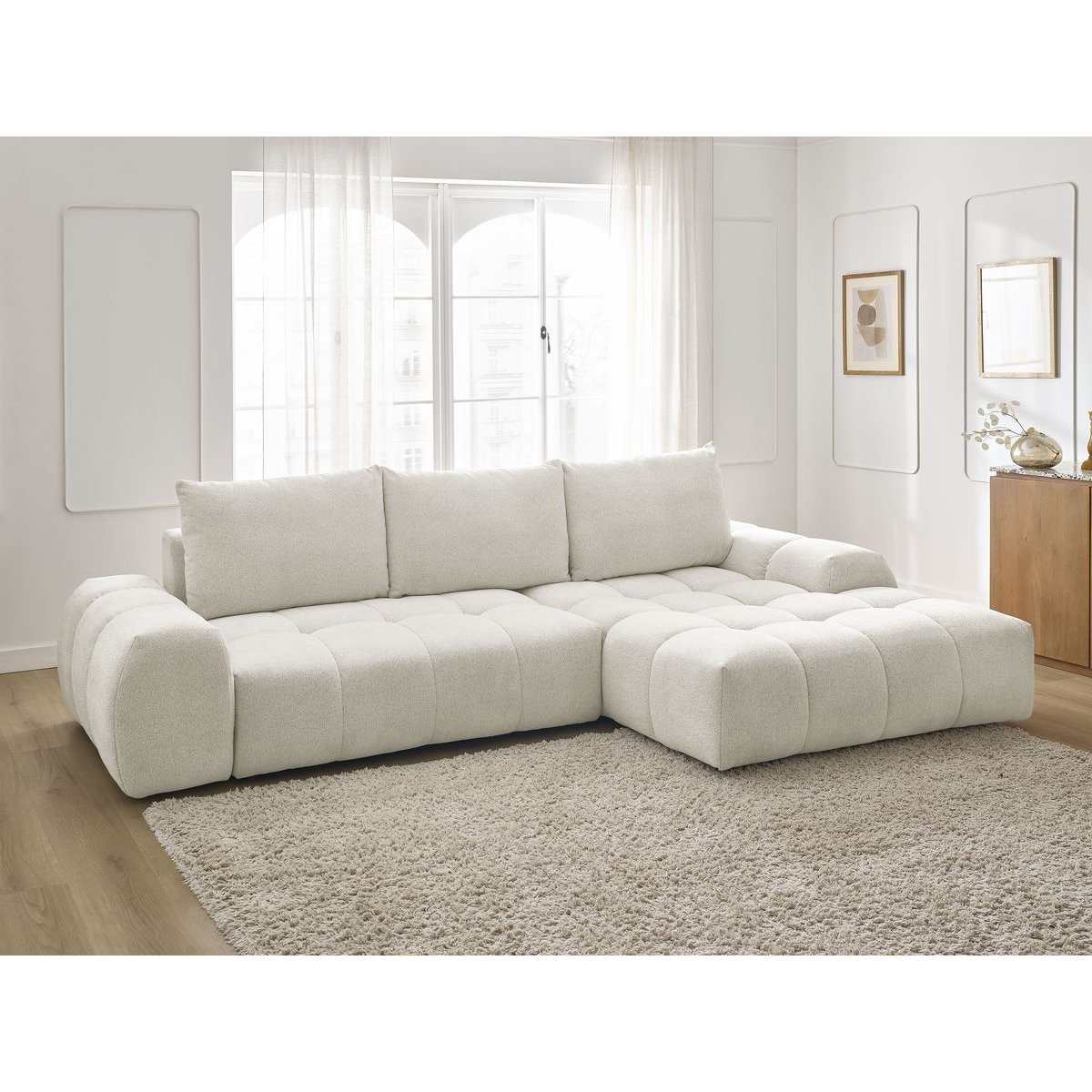 Canapé d'angle convertible 3 places en tissu chiné, EVEREST blanc, BOBOCHIC