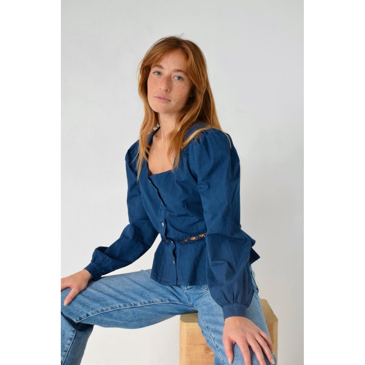 Blouse popeline dentelle ROMA bleu marine, MINDTRAVELER